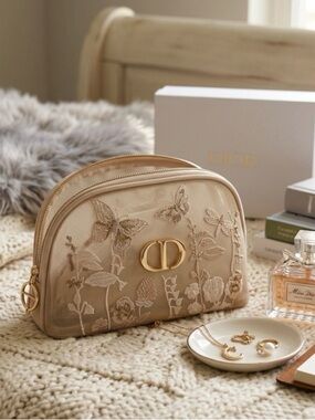 Dior Limited Edition Butterfly Embroidery Cosmetic Trousse Make Up Bag CD Charm